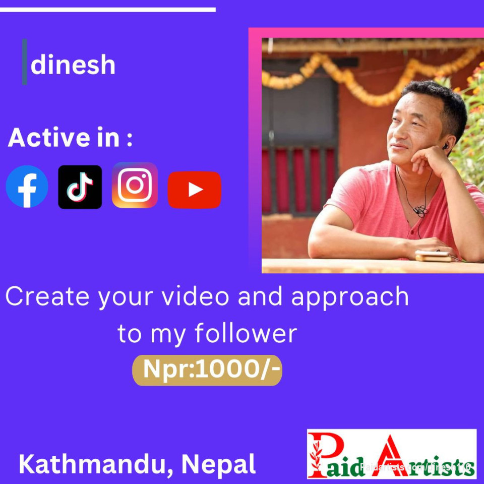 🎥 Elevate your brand with Dinesh Mangmu Limbu ! 💫

Unlock post at paidartists.com/dinesh116  with headline "purchase 1,000" and message me your content. Let me create captivating videos to promote your business and enhance your brand 📹🌟